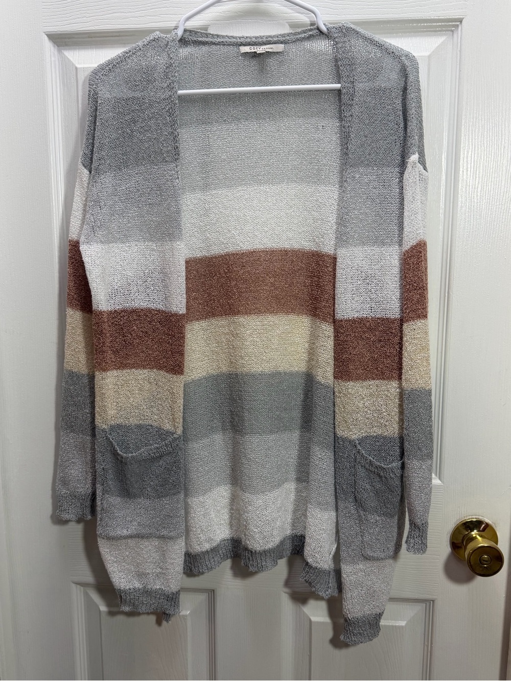 Cozy Casual Striped Open-Front Cardigan — Gray, Cream & Brown